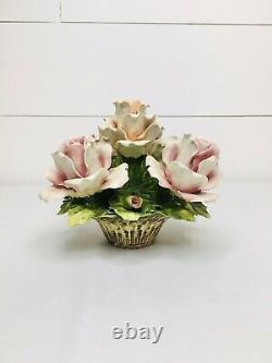 Capodimonte Porcelain Centerpiece Roses Basket Flowers Pink Rare