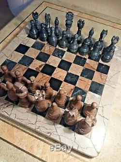 Chess Set Onyx/Marble 12 Rose Pink & Jet Black Very Rare Colour Fine Carved