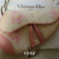 Christian Dior Cotton Leather Saddle Shoulder Bag Rose White Flower Rare Used