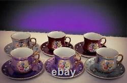 Dainan Porcelain Rare Vintage 6 Tea Cups 6 Saucers Purple pink Roses
