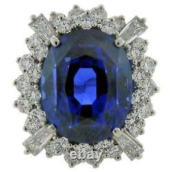 Deep Blue Color Perfect Oval Cut 19.36CT Sapphire & 3.10CT Rose Cut CZ Rare Ring