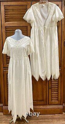 Dreamy RARE Vtg BILL TICE Long Cotton Gown /Robe Set Pink Emb Roses Unique Hem