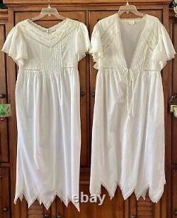 Dreamy RARE Vtg BILL TICE Long Cotton Gown /Robe Set Pink Emb Roses Unique Hem