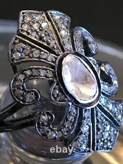 Estate sterling silver rose cut & Polki diamond ring, rare