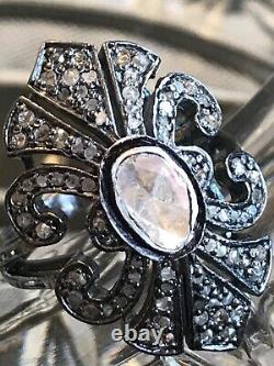 Estate sterling silver rose cut & Polki diamond ring, rare