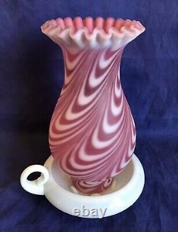 Extremely Rare Vintage Fenton Art Glass Rose Satin Swirled Feather Finger Lamp