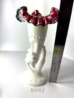 Fenton Rare Large Rose Crest Hand Torch Vase White Encased Pink And Blk Iridized