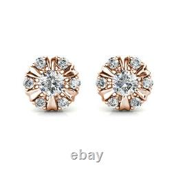 French Round Cut 1.30CT Cubic Zirconia In 10K Rose Gold Flower Stud Rare Earring
