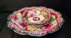 Gold Encrusted Jeweled Pink Red Cabbage Rose Bowl 3 Pc Set Nippon Rare Moriage