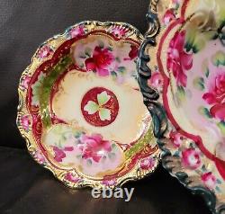 Gold Encrusted Jeweled Pink Red Cabbage Rose Bowl 3 Pc Set Nippon Rare Moriage