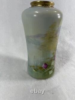 Hand Painted Nippon Pink Cabbage Rose Scenic Vase Cup 7 Jeweled Gold Rare HTF