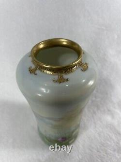 Hand Painted Nippon Pink Cabbage Rose Scenic Vase Cup 7 Jeweled Gold Rare HTF