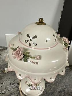 Hand made Mario M. Moretto pink rose Floral Porcelain Lamp Italy vtg Rare 15