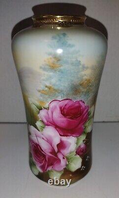 Hand painted Nippon pink cabbage rose scenic vase cup 7 jeweled gold rare HTF