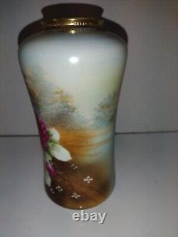 Hand painted Nippon pink cabbage rose scenic vase cup 7 jeweled gold rare HTF