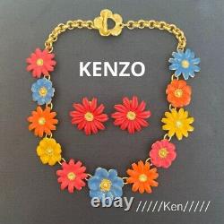 KENZO Earrings Necklace Rose Vintage Rare Gold Flower Logo Crip on Colorful