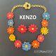 Kenzo Earrings Necklace Rose Vintage Rare Gold Flower Logo Crip On Colorful