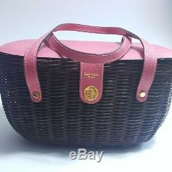 Kate Spade Wicker Basket Pink Rose Leather Woven Tote Bag Purse Rare Authentic