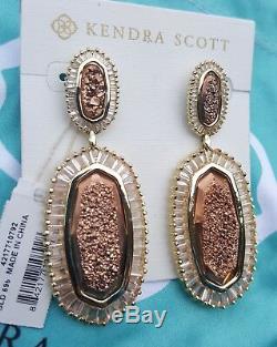 Kendra Scott Kaki Rose Gold Drusy Large Drop Earrings Fashion Rare NWT Baguettes
