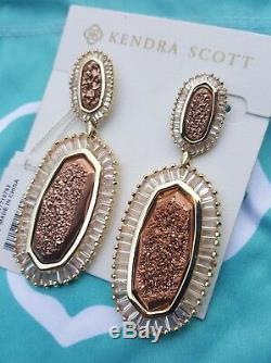 Kendra Scott Kaki Rose Gold Drusy Large Drop Earrings Fashion Rare NWT Baguettes
