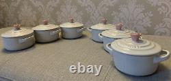 Le Creuset Set Of 6 8oz Cocottes White With Pink Roses Very Rare