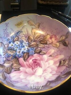 Limoges Bowl France 6.5 Scalloped Gold Rim Pink Rose Signed Hand Painted Rare
