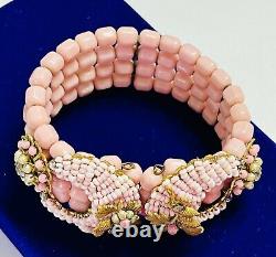 MIRIAM HASKELL Early Pink Glass Rose Montee Gilt Filigree Vintage Bracelet RARE