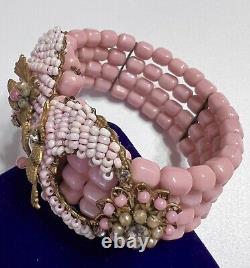 MIRIAM HASKELL Early Pink Glass Rose Montee Gilt Filigree Vintage Bracelet RARE