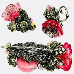 MIRIAM HASKELL Pink Gripoix Glass Rose Montee Brooch Pin Earrings Set RARE