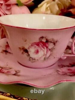 Meander BV Porcelain Pink Teacup Tea Cup Pink Cabbage Roses Pink Rim Lovely Rare