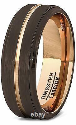 Mens Wedding Band 8mm Rare Brown Matte Brushed Tungsten Ring Thin Rose Gold