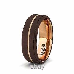 Mens Wedding Band 8mm Rare Brown Matte Brushed Tungsten Ring Thin Rose Gold