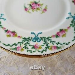 Mintons Dinner Plates Set of 9 Hand Decorated H1751 Pink Roses Blue Bows Rare