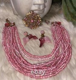 Miriam Haskell Rare Book Piece Pink Rose Glass Necklace Brooch Earring Set! MINT