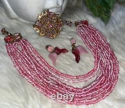 Miriam Haskell Rare Book Piece Pink Rose Glass Necklace Brooch Earring Set! MINT