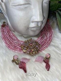 Miriam Haskell Rare Book Piece Pink Rose Glass Necklace Brooch Earring Set! MINT