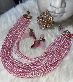 Miriam Haskell Rare Book Piece Pink Rose Glass Necklace Brooch Earring Set! MINT