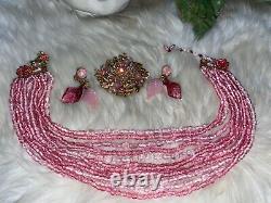 Miriam Haskell Rare Book Piece Pink Rose Glass Necklace Brooch Earring Set! MINT