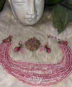 Miriam Haskell Rare Book Piece Pink Rose Glass Necklace Brooch Earring Set! MINT