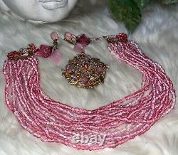 Miriam Haskell Rare Book Piece Pink Rose Glass Necklace Brooch Earring Set! MINT