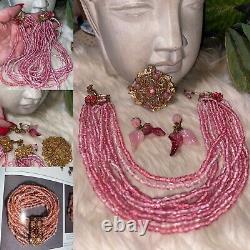 Miriam Haskell Rare Book Piece Pink Rose Glass Necklace Brooch Earring Set! MINT