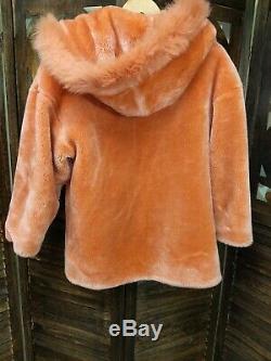 Monterey Fashions Faux Fur Coat Hood Rose Salmon Color vintage rare