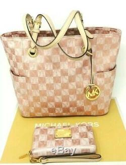 NEW Michael Kors ROSE GOLD Checkerboard Jet Set Tote & Multifunction WalletRare