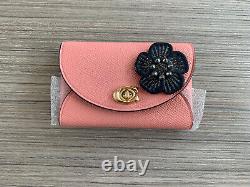 New Rare Coach Turnlock Card Case Candy Pink Customized with Tea Rose Floral Pin