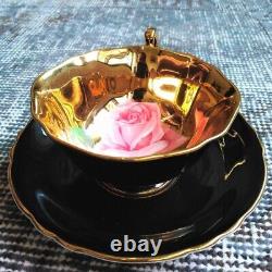 PARAGON Large Pink Cabbage Rose Gold Bowl Square-Shape Black Teacup Saucer RARE
