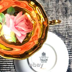 PARAGON Large Pink Cabbage Rose Gold Bowl Square-Shape Black Teacup Saucer RARE