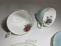 PARAGON Tea Cup & Saucer Set Pale Blue Green Gold Cabbage Rose and Violets Rare