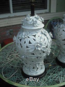 Pair Very Rare Vintage Pierced High Relief Rose Porcelain Ginger Jar Table Lamps