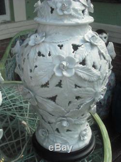Pair Very Rare Vintage Pierced High Relief Rose Porcelain Ginger Jar Table Lamps