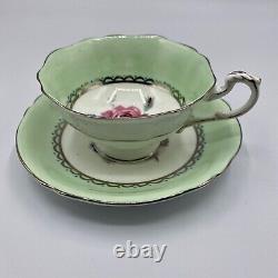 Paragon Floating Large Pink Rose Teal Enamel Dots Mint Green Tea Cup+Saucer RARE